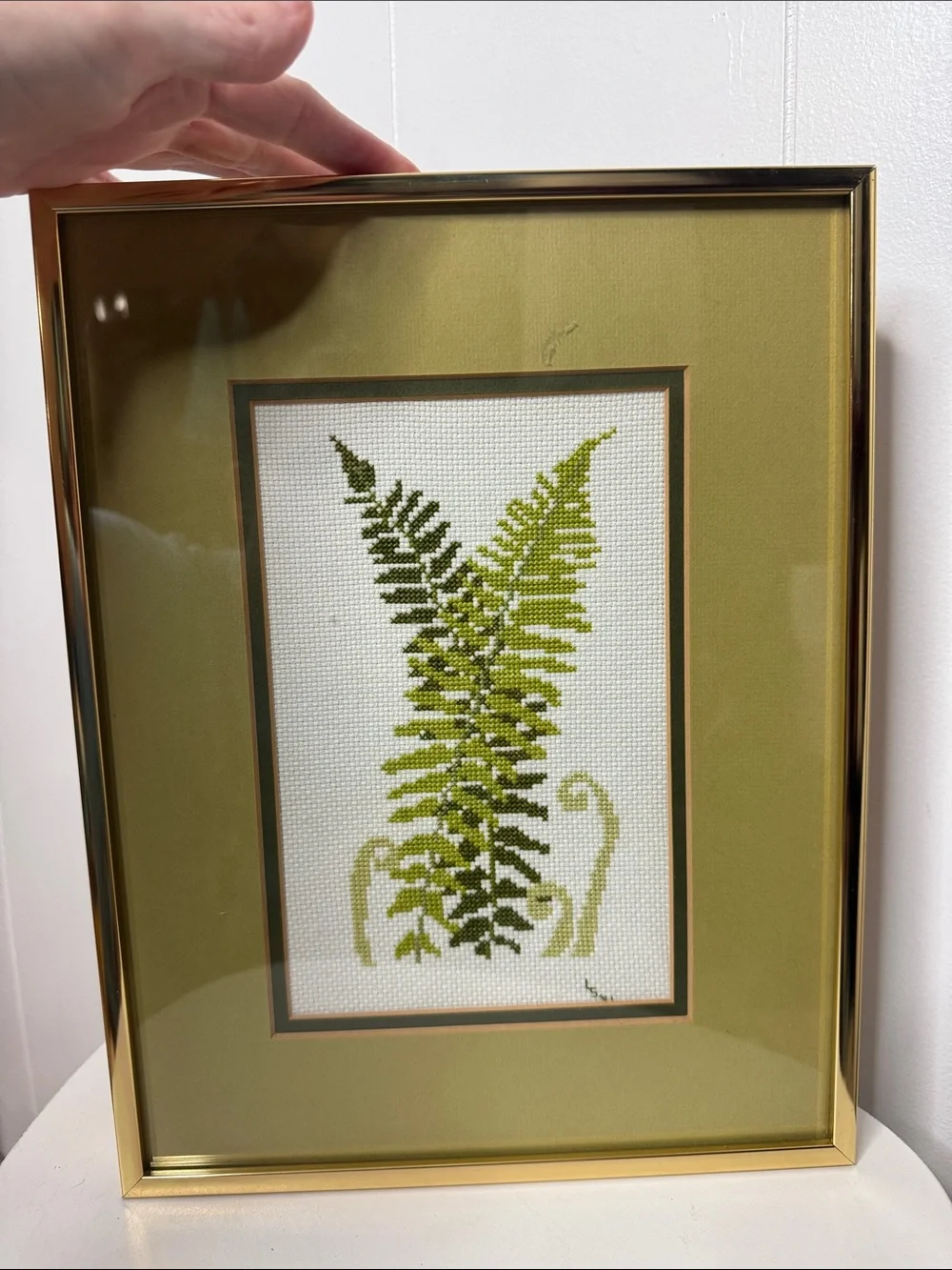 Vintage cross stitch fern leaves framed